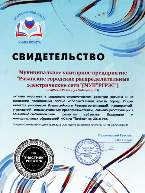 МУП "РГРЭС" за активное участие в социально-экономическом развитии региона занесено в "Книгу Почета" за 2016