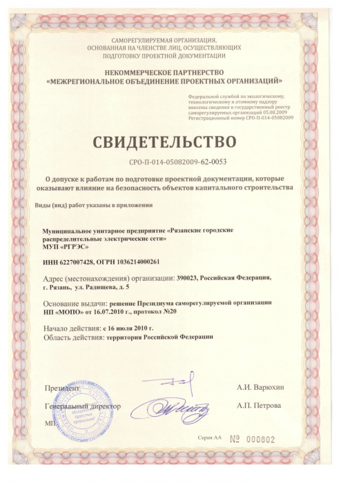 Свидетельство о допуске к работам по подготовке проектной документации